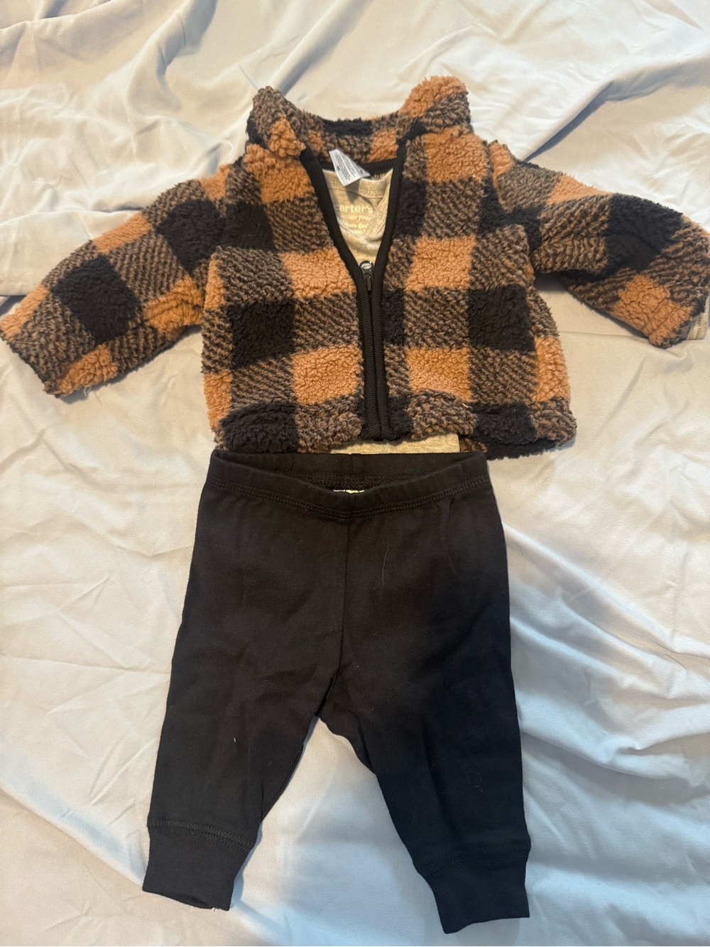 Carter's Brown and Black Plaid Sherpa Jacket with Black Pants